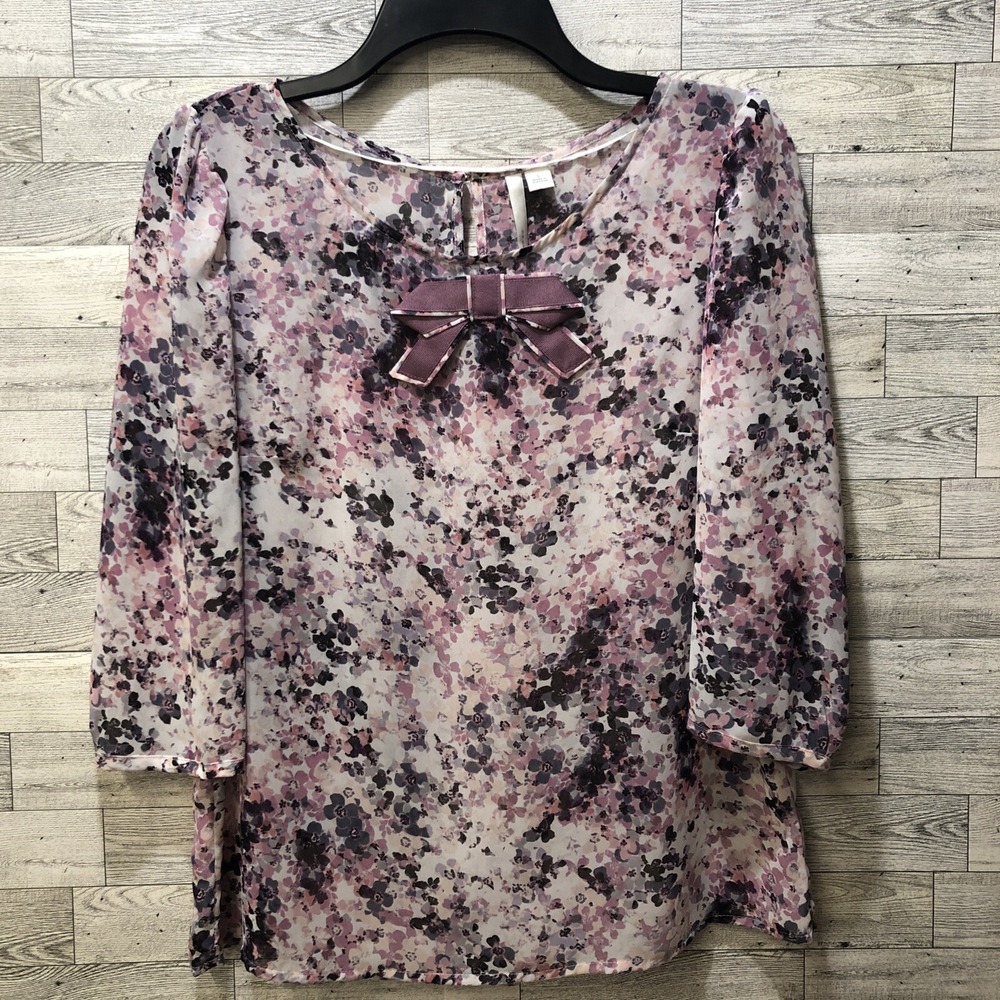 LAUREN CONRAD Women's (Size‎ S) Floral 3/4 Sleeve Round Neck Semi Sheer Blouse